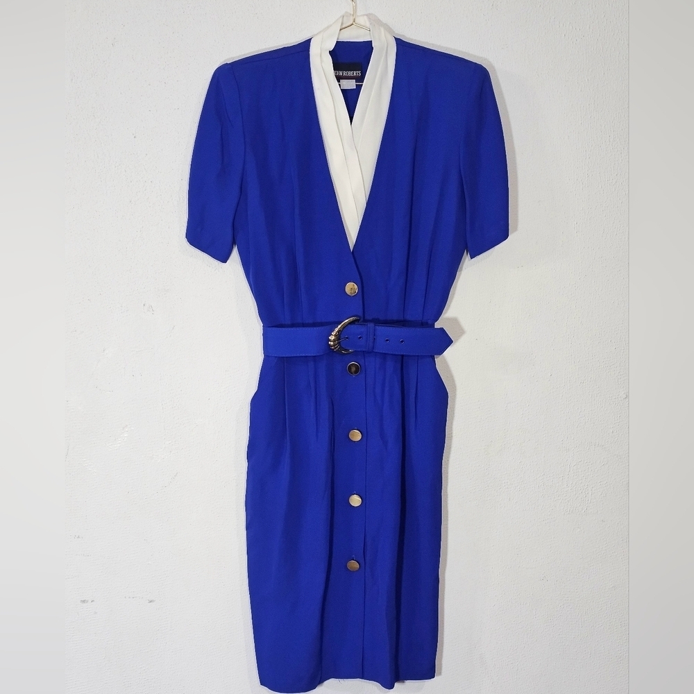 John Roberts Midi Length Button Front Dress Womens 5 / 6 Red Blue Vintage 90's - Picture 2 of 10